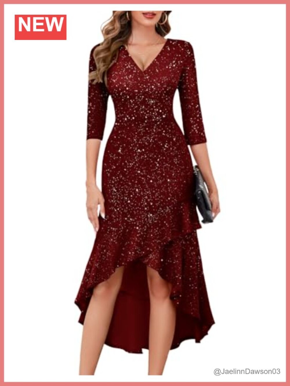 Womens 3/4 Sleeve V Neck Sequin Ruffled Midi Formal Wedding Guest Dress